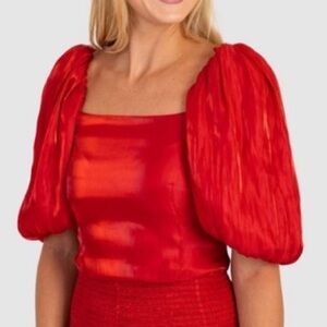 KOCH Logan Puff Sleeve Crop Top in Flame Red Game Day Poof Small Blouse
